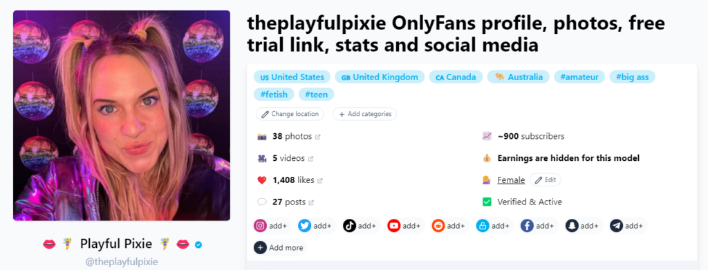 @theplayfulpixie Fansmetric-Seite Screenshot des günstigsten onlyfans-Modells