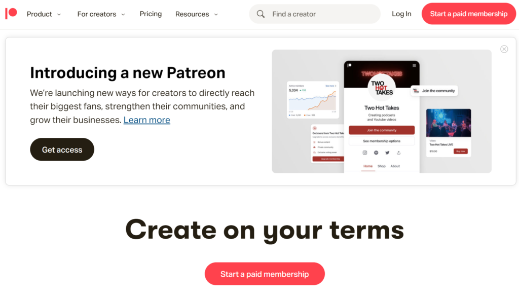 Patreon site's front page