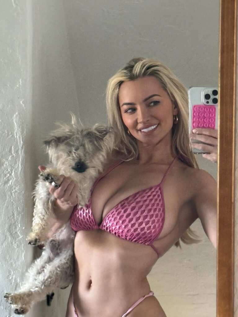 Lindsey Pelas poses with her dog in hot OnlyFans mirror selfie 